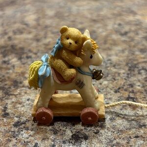 Cherished Teddies Bear on Rocking Horse with Blue and Yellow Accents